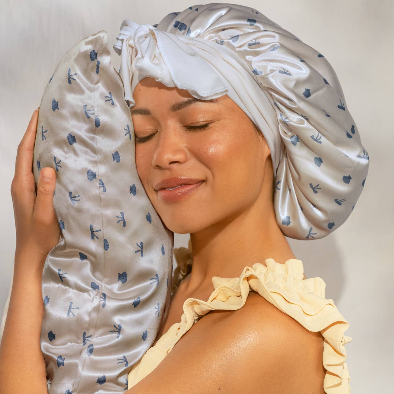 Oversized Satin Bonnet - Pearlized Cream & Coastal Blue Print - Image 6